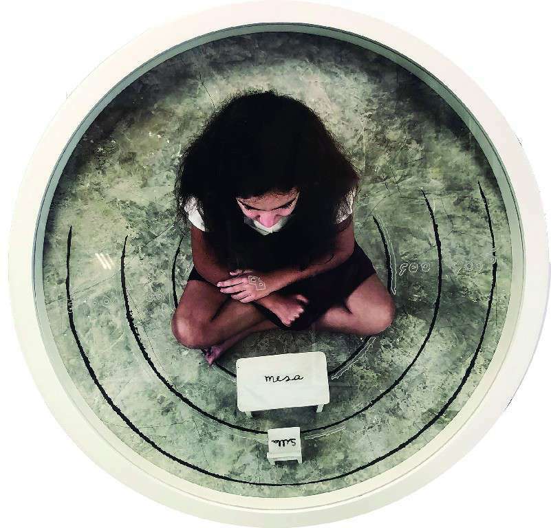 APOCALYPTIC CARTOGRAPHY -SCHOOL. Sandra Ramos, Técnica mixta, fotografía sobre papel y grabado sobre acrílico. 100 x 100 x 13 cm. 2018