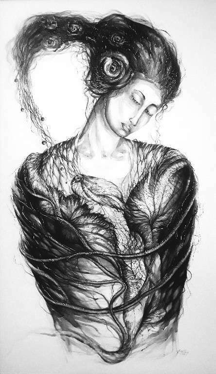 DE LA SERIE TRAMAS, NEXOS, CUERDAS. Mary Cary María Caridad Diaz García, Acrílico sobre lienzo 130 x 80 cm. 2015