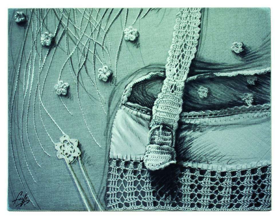 DETALLE A CROCHET. Yudit Vidal Faife, Fotografía, carboncillo, hilo tejido y acrílico sobre lienzo. 60,5 x 76,5 cm. 2019