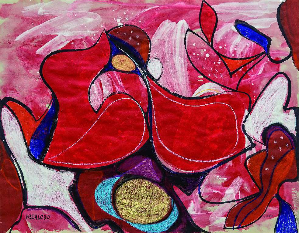 EL ROJO SALTANDO LA LUZ EN SU FUROR VEGETAL. Nelson Villalobos Tinta y crayón de óleo sobre papel Ingres. 50 x 70 cm. 2019