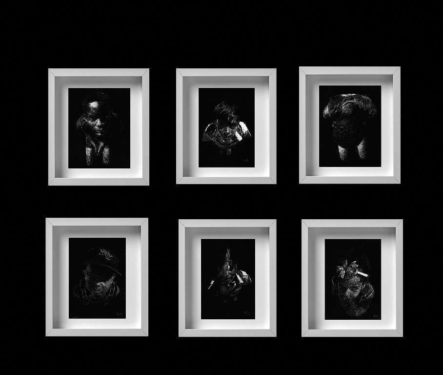 LA ESPERA (Políptico). Alejandro Lescay. Scratchboard, 18 X 14 cm. Cada una. / 34 x 30 cm. Con marco. / 80 X 130 cm. Área total 2017