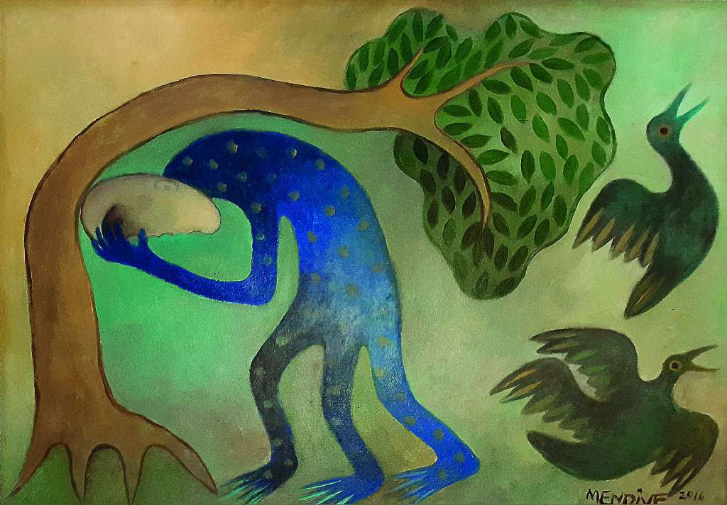 MEDITANDO CON LA NATURALEZA. Manuel Mendive. Acrílico sobre tela, 37.5 x 53 cm. 2016