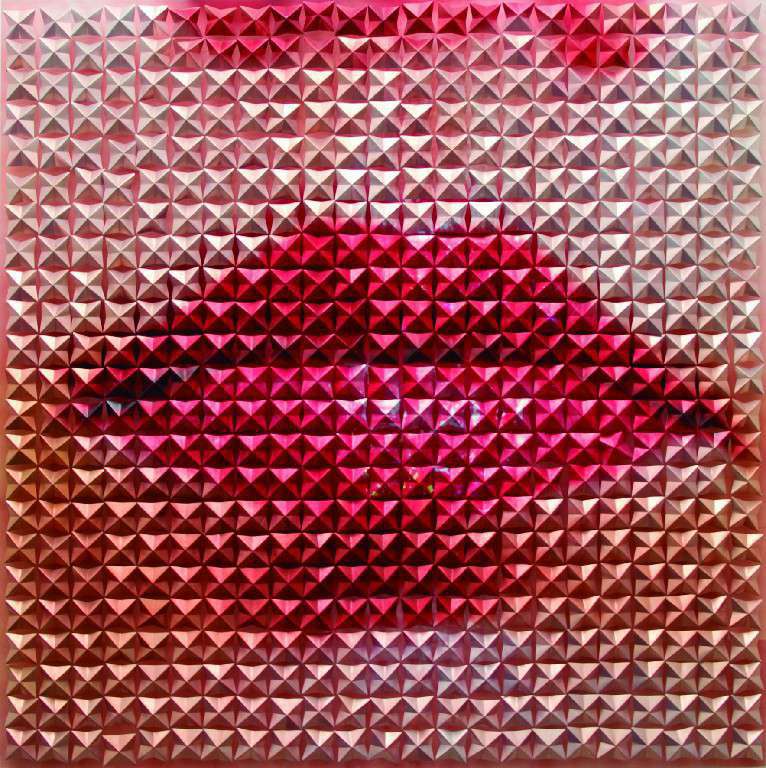 PALABRA MUDA. De la serie Mi Otoño. Mabel Poblet. Impresión digital sobre PVC, intervenida con elementos de papel metálico cortados y moldeados a mano. 118 x 118 cm. 2019