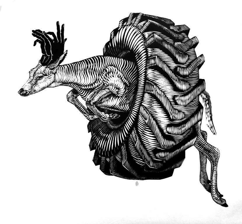 SALTO A LA INOCENCIA. Osmeivy Ortega Pacheco. Grabado sobre madera, 100 x 110 cm. 2019