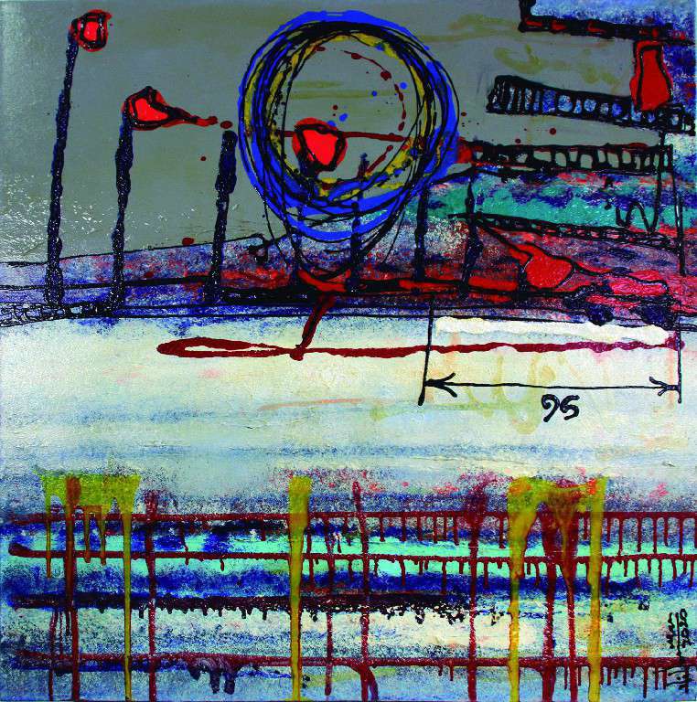 SERIE MEETING POINT”-1996-. Ernesto Villanueva. Acrílico sobre tela, 100 x 100 cm. 2020